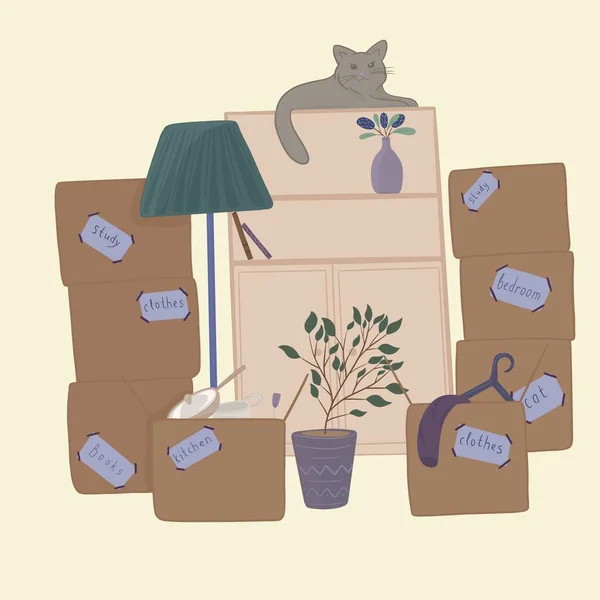 Симпатичная иллюстрация с переездом или новосельем и кошкой — стоковое фото