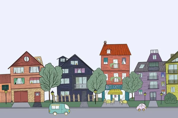 Vacker ljus illustration med en söt liten stad med ovanliga färgglada hus och ett bageri — Stockfoto