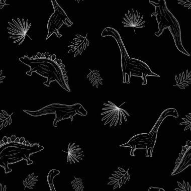 Duvar kağıdı ve arkaplan için yaprakları ve dinozorları olan kusursuz grafik siyah beyaz desen