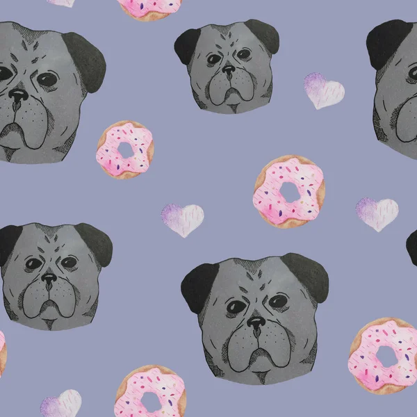 Αστείο μοτίβο χωρίς ραφή με pugs καρδιές και ντόνατς σε στυλ ακουαρέλα — Φωτογραφία Αρχείου