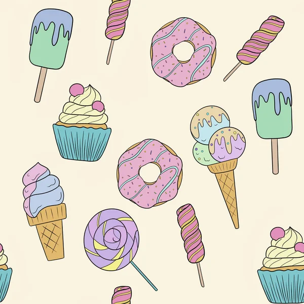 Jasný krásný moderní bezešvé vzor s zmrzlinou lízátka koblihy a cupcakes na pozadí a tapety — Stock fotografie