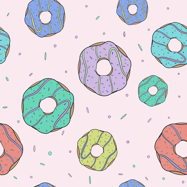 Naadloos grappig patroon met heldere donuts in glazuur met veelkleurige hagelslag en confetti voor decor en achtergronden — Stockfoto