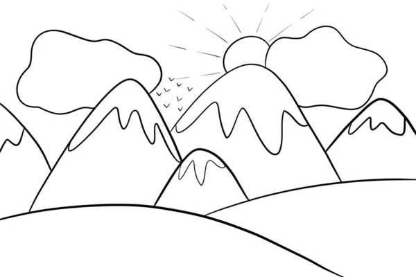 Childrens coloring book for hobbies and free time, development with a landscape with mountains, fields and clouds —  Fotos de Stock