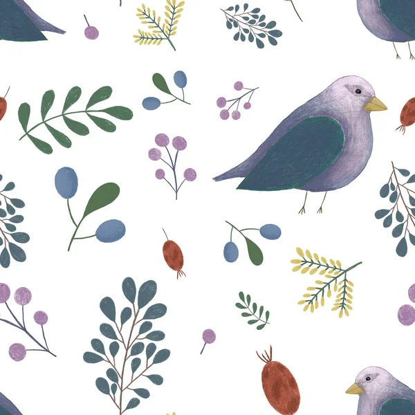 Krásný jasný bezešvý vzor s pohádkovými květinami a bobulemi, roztomilými ptáky pro textilní dekoraci — Stock fotografie