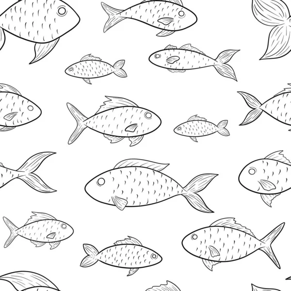 Roztomilý bezešvé vzor děti antistress zbarvení s rybami na pozadí dekor textil grafické lineart černé a bílé — Stock fotografie