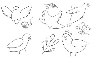 Çizgi sanatının gelişimi ve dekorasyonu için kuşları, yaprakları ve çiçekleri boyayan çocuklar.