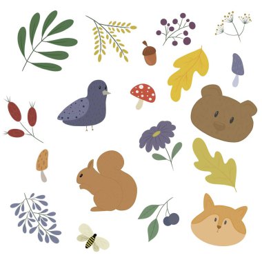 Arka plan ve hayvan mantarlı, böğürtlenli ve çiçekli bebek çıkartmaları.