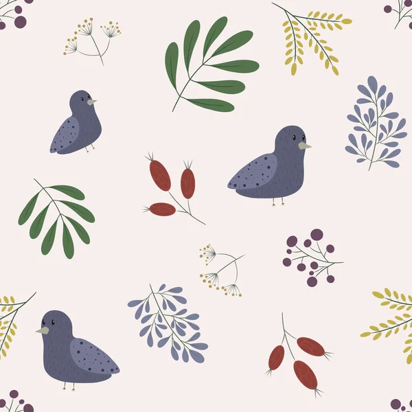 Cute delicate seamless pattern for textile design decor and background with birds and beautiful leaves with branches — Stock Photo, Image