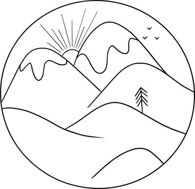 Dağlarla ve güneşle seyahat ve tatil için sevimli vektör logosu