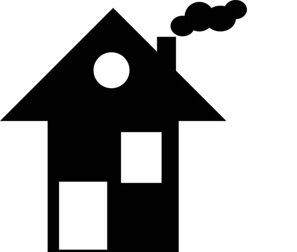 Vetor ícone sinal rústico casa privada com janela porta chaminé e fumaça território residencial casas jardins — Vetor de Stock