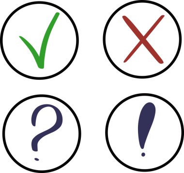 Resim işareti ünlem işaretli basit vektör simgesi yuvarlak düğmeleri farklı renkte çapraz çapraz veya hata işaretleri doğru