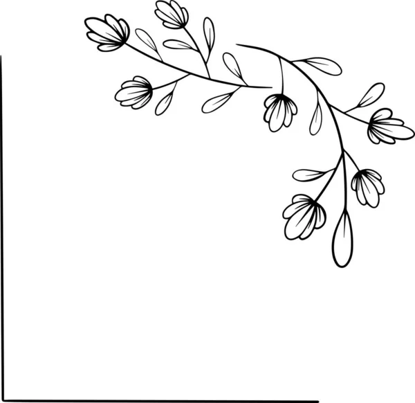 Χαριτωμένο διάνυσμα εικονίδιο πλαίσιο σύμβολο που συνδυάζει μια γραφική γωνία και ένα χαριτωμένο ημικύκλιο των κλαδιών με φύλλα και λουλούδια μαύρο και άσπρο γραμμή — Διανυσματικό Αρχείο