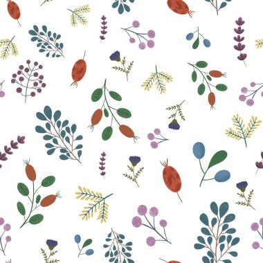 Güzel, pürüzsüz desenli kır çiçekleri renkli kalemlerle çizilmiş böğürtlen ve dallar.