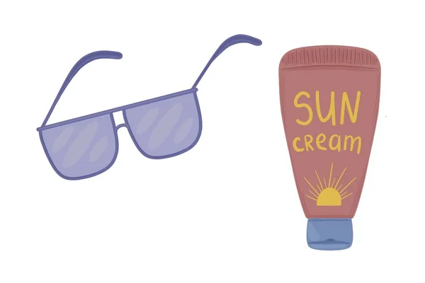 Logo adesivo icona con crema solare e occhiali da sole per il turismo e la ricreazione in estate — Foto Stock