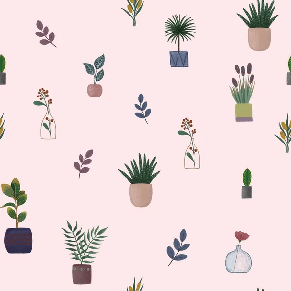 Cute bright seamless pattern pencil sketches of succulents palms and flowers in pots for textile design decor — Stockfoto