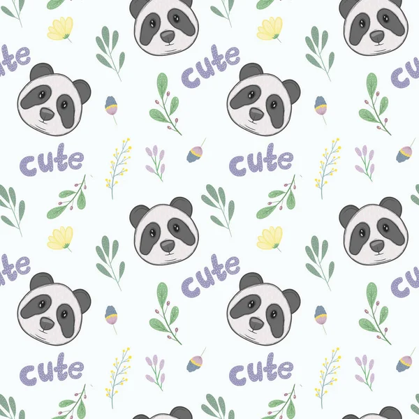 Χαριτωμένο φωτεινό είδος αστείο παιδικό μοτίβο με panda φέρει επιγραφή χαριτωμένο και όμορφο κλαδιά και λουλούδια — Φωτογραφία Αρχείου