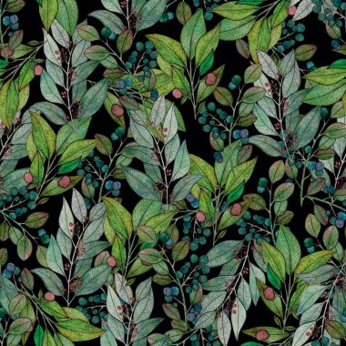 duvar kağıdı dekoru için sulu boya deseni yapraklar ve böğürtlenler el yalama çizgisi koyu arkaplan