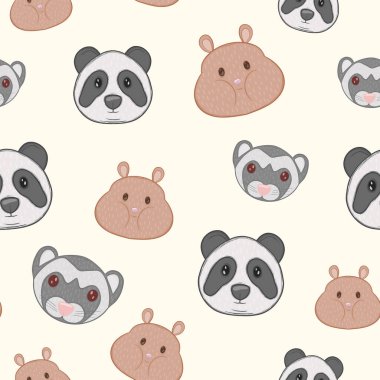 Tekstil duvar kâğıdı tasarımı için sarı arka planda panda hamster gelinciği olan sevimli, neşeli, çocuksu, kusursuz desen.