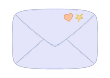 Güzel şirin simge eflatun zarfı. İçinde kalp yıldızı çıkartması olan bir mektup var. Uygulama dekorasyonu için büyük etiket ögesi.