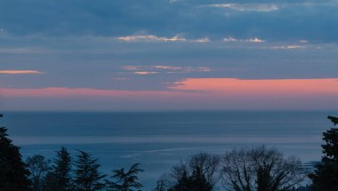 Deniz üzerinde parlak renkli gün batımı ve arka plan olarak ağaçların siluetleri..
