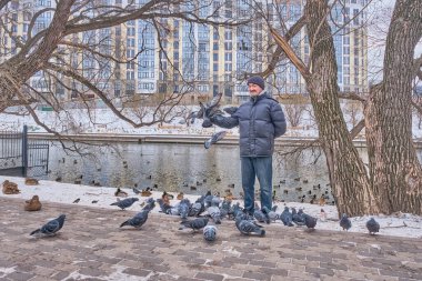 Kışın nehir kenarındaki bir parkta kot pantolon ve örgü şapkalı, kıdemli Asyalı mutlu bir adam kuş besliyor. Kameraya bakıyor ve gülümsüyor. Kumrular elinde oturuyor..
