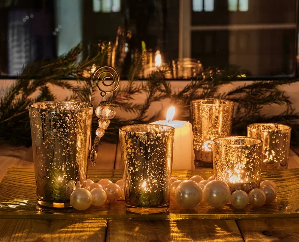 New Year Christmas Evening Composition Windowsill Burning Candles Golden Glass — Stock Photo, Image