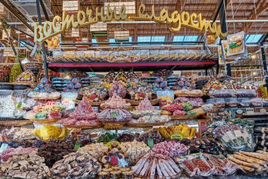 Pyatigorsk, Russia -January 22, 2021: A counter with oriental sweets at the authentic bazaar of a resort town of the Caucasus or the Central Asia.