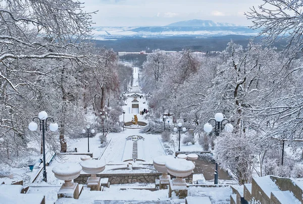 Winter Cityscape Snow Covered Cascade Staircase Park Tourist Attraction Resort — Zdjęcie stockowe