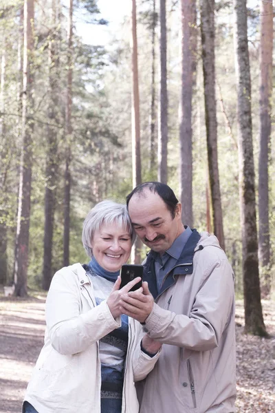 Elderly interracial couple in casual clothes in a spring forest park looking together at a mobile phone screen and laughing