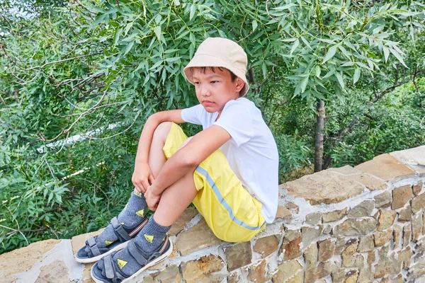 Aranyos ázsiai fiú ül kő kerítés felett háttér zöld növények. — Stock Fotó