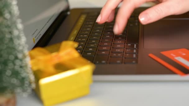 Giovane donna in cerca di regali di Natale, shopping online. Mani delle donne digitando su una tastiera del computer — Video Stock