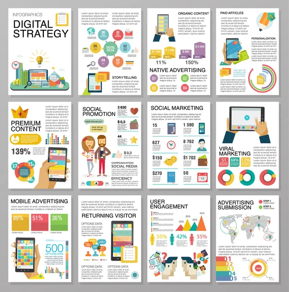 Grandes infografías en estilo plano. Ilustraciones vectoriales sobre proyectos digitales, gestión, resumen de clientes, diseño y comunicación. Uso en el Web site, informe corporativo, presentación, publicidad, comercialización — Vector de stock