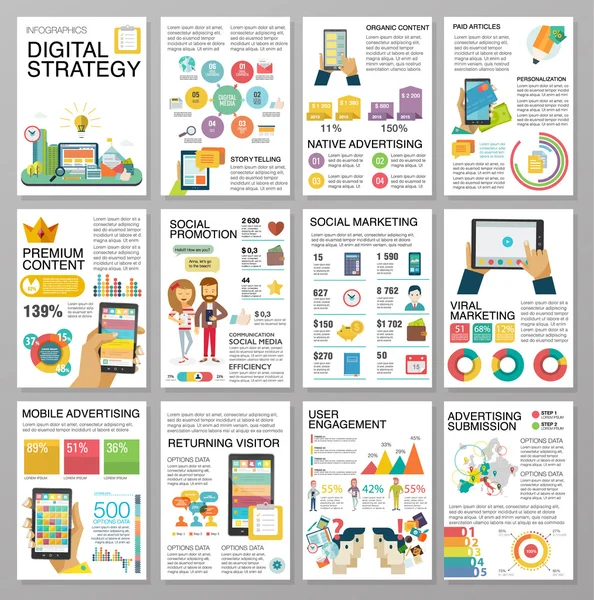 Grandes infografías en estilo plano. Ilustraciones vectoriales sobre proyectos digitales, gestión, resumen de clientes, diseño y comunicación. Uso en el Web site, informe corporativo, presentación, publicidad, comercialización — Archivo Imágenes Vectoriales