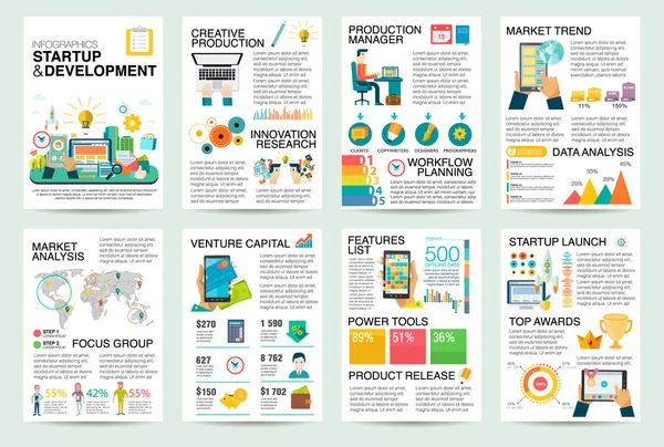 Moderno appartamento Infografica di startup business e lanciare nuovi prodotti sul mercato. Uso nel sito web, relazione aziendale, presentazione, pubblicità, marketing, sfondo, banner, diagramma, modello di brochure . — Vettoriale Stock