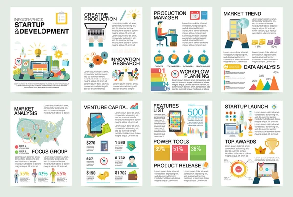 Başlangıç iş ve denize indirmek yeni ürün pazarında modern düz Infographics. Web sitesi, kurumsal rapor, tanıtım, reklam, pazarlama, arka plan, afiş, diyagram, broşür şablonu kullanın. — Stok Vektör