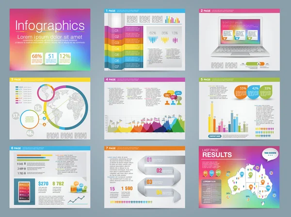 Große Menge von Infografik-Elementen im modernen Business-Stil, es infochat. Vorlage für die Präsentation in Regenbogenfarben. Einsatz in Website, Flyer, Unternehmensbericht, Präsentation, Werbung, Marketing. — Stockvektor