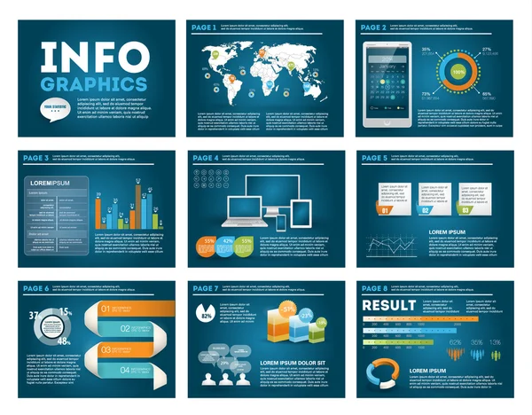 Grand ensemble d'éléments d'infographie dans le style d'affaires moderne, infochat informatique. Modèle de présentation bleu foncé. Utilisation dans le site Web, flyer, rapport d'entreprise, présentation, publicité, marketing . — Image vectorielle