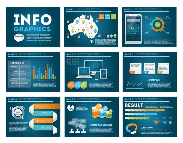 Big set of infographics elements in modern business style, IT infochat. Blue dark presentation template. Use in website, flyer, corporate report, presentation, advertising, marketing. — Stock Vector