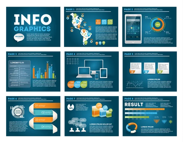Big set of infographics elements in modern business style, IT infochat. Blue dark presentation template. Use in website, flyer, corporate report, presentation, advertising, marketing. — Stock Vector
