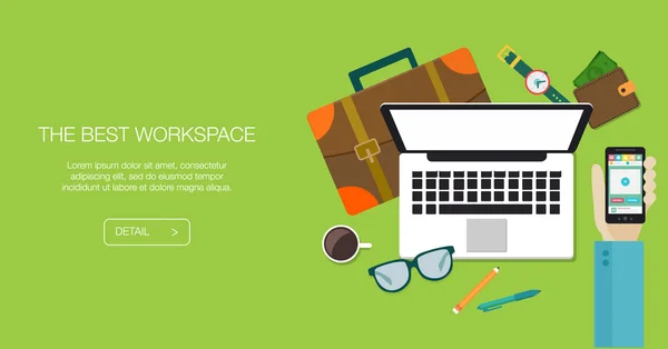 Düz Stil Modern Tasarım Yaratıcı Ofis Çalışma Alanı. İş İkonları Koleksiyonu Eşyalar ve Elementler, Ofis Şeyleri, Nesneler ve İş yeri Tasarımı Ekipmanı. Vektör İllüstrasyonu