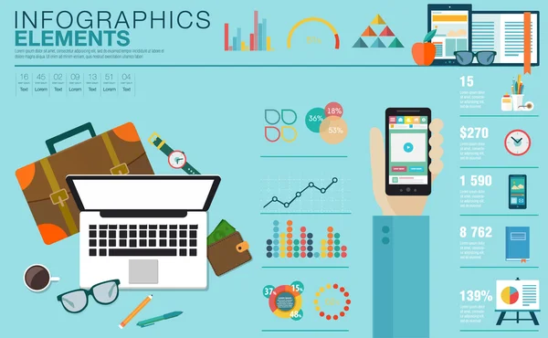 Design moderne plat vecteur illustration concept d'espace de travail de bureau créatif, lieu de travail. Collection d'icônes dans les couleurs élégantes des éléments de flux de travail d'affaires, éléments. Éléments d'infographie avec carte du monde — Image vectorielle