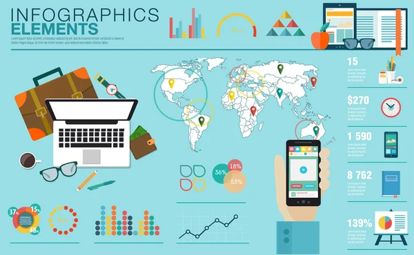 Flat design moderno concetto di illustrazione vettoriale di spazio di lavoro ufficio creativo, luogo di lavoro. Collezione di icone in colori eleganti di articoli di flusso di lavoro di affari, elementi. Elementi infografici con mappa del mondo — Vettoriale Stock