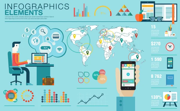 Plat modern ontwerp vector illustratie concept van creatieve office workspace werkplek. Icoon collectie in stijlvolle kleuren van zakelijke stroom werkitems, elementen. Infographics elementen met kaart van de wereld — Stockvector