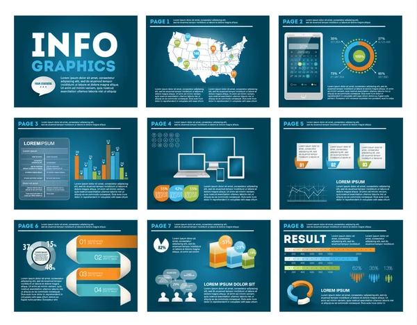 Big set of infographics elements in modern business style, IT infochat. Blue dark presentation template. Use in website, flyer, corporate report, presentation, advertising, marketing. Vector Graphics