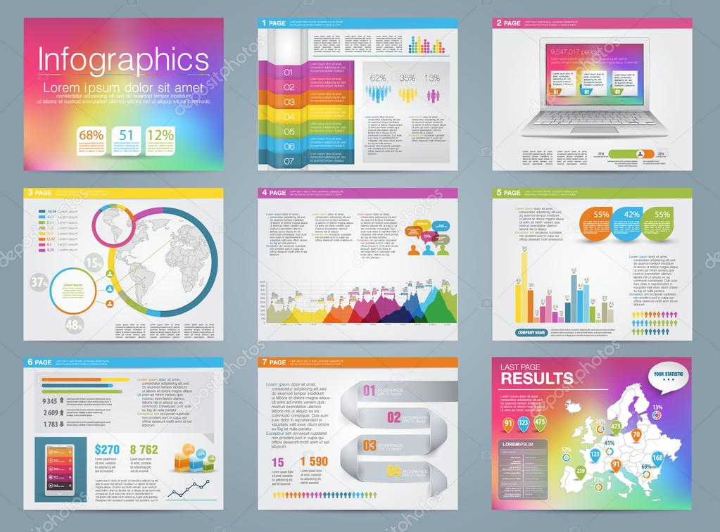 Big set of infographics elements in modern business style, IT infochat. Rainbow color presentation template. Use in website, flyer, corporate report, presentation, advertising, marketing.