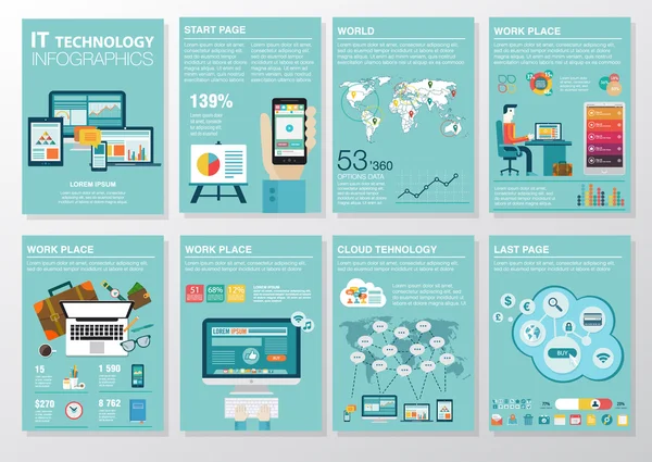 Big set of infographics elements in modern flat business style. Vector illustrations of modern infographics about IT. Use in website, flyer, corporate report, presentation, advertising, marketing. A4 — Stock Vector