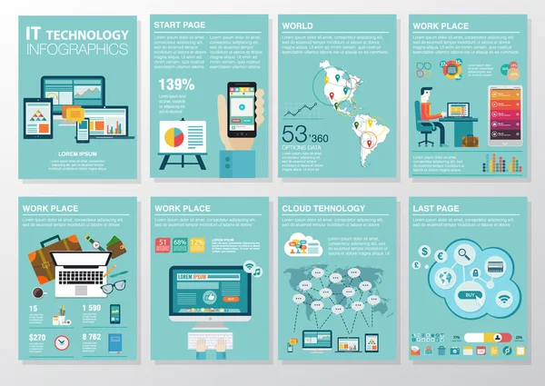 Grande serie di elementi infografici in moderno stile business piatto. Illustrazioni vettoriali di infografica moderna su IT. Utilizzo in sito web, volantino, relazione aziendale, presentazione, pubblicità, marketing. A4 — Vettoriale Stock