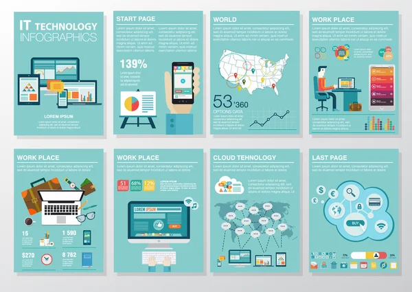 Grand ensemble d'éléments d'infographie dans le style d'affaires plat moderne. Illustrations vectorielles d'infographies modernes sur l'informatique. Utilisation dans le site Web, flyer, rapport d'entreprise, présentation, publicité, marketing. A4 — Image vectorielle