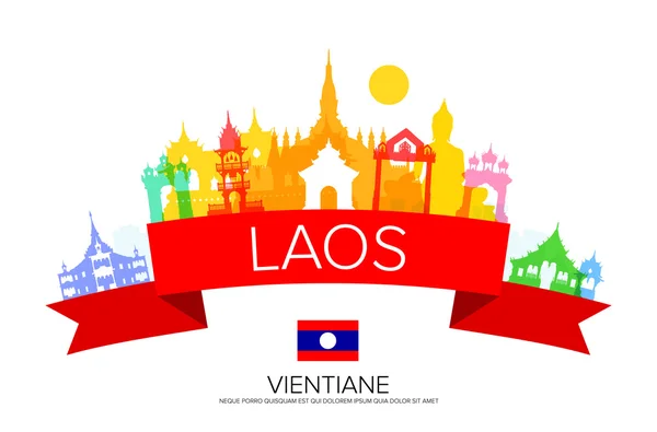 Laos Reisesehenswürdigkeiten und Flagge. — Stockvektor