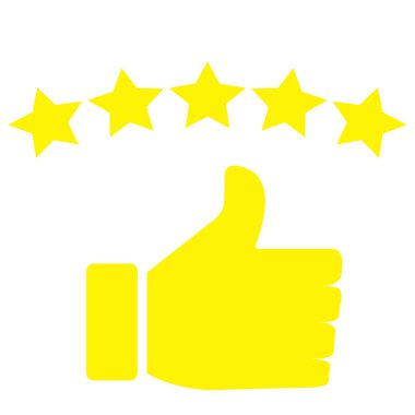 Başparmak yukarı. Onaylamanın vektör sembolü ve beş yıldız. Sarı el. Hisse senedi. EPS 10.